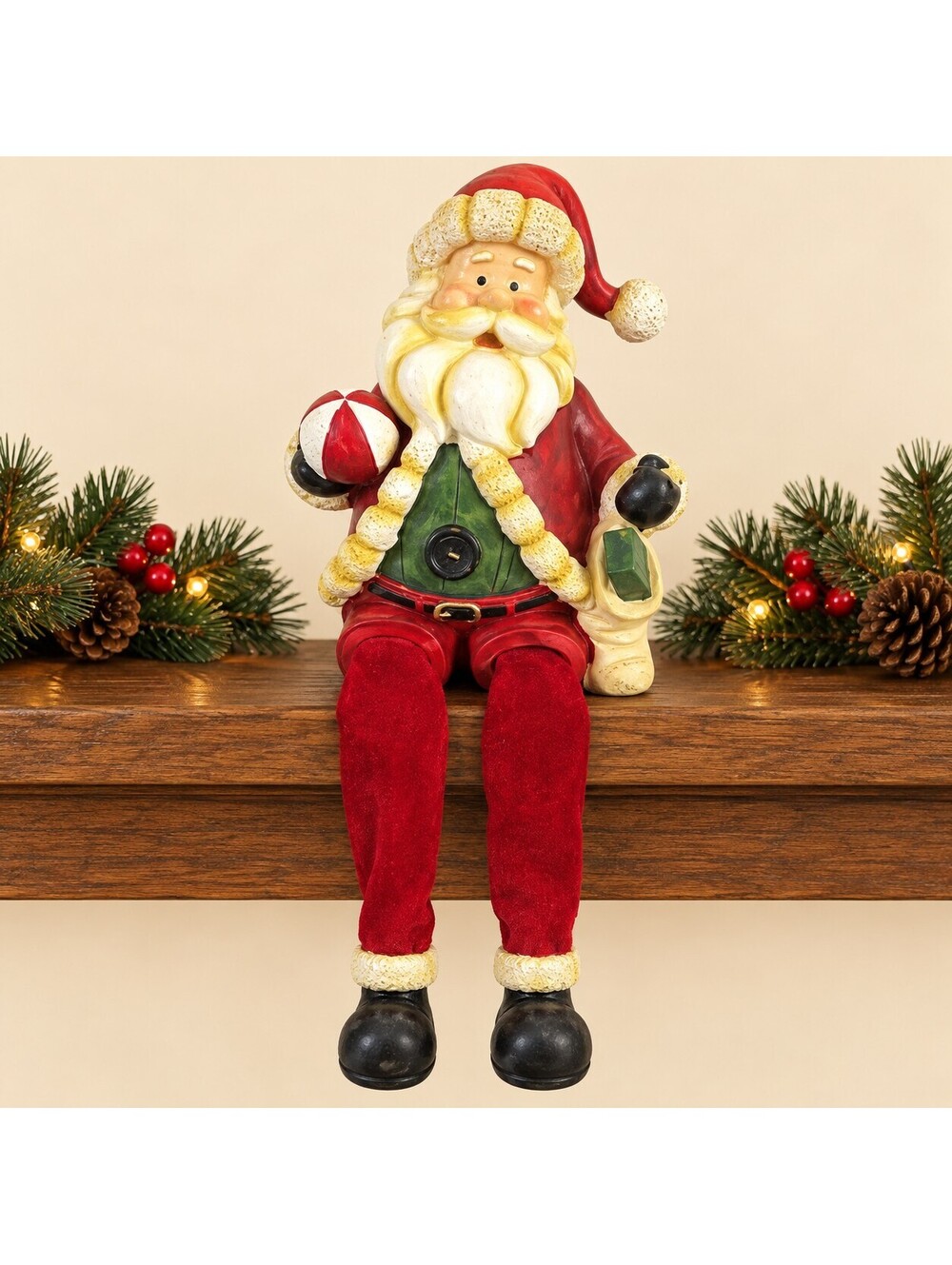 Vintage Santa Claus Shelf Sitter Figurine Dangling Velvet Legs Christmas Decor